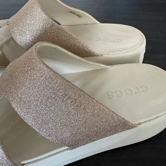 Crocs Glitter Slide Sandals Champagne Gold Platform Comfort Women’s 7 - Picture 5 of 8